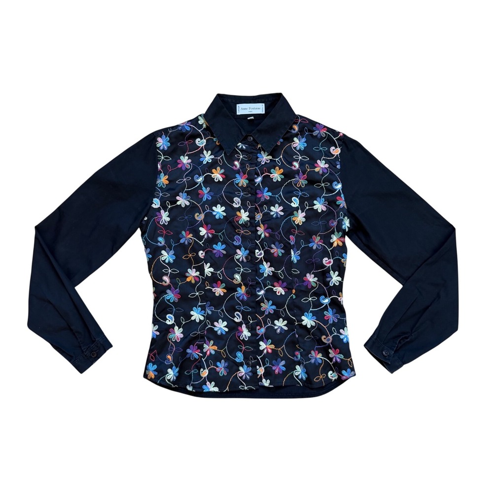 Anne Fontaine Paris Black Floral Embroidered Cotton Button Down Shirt Luxury 1